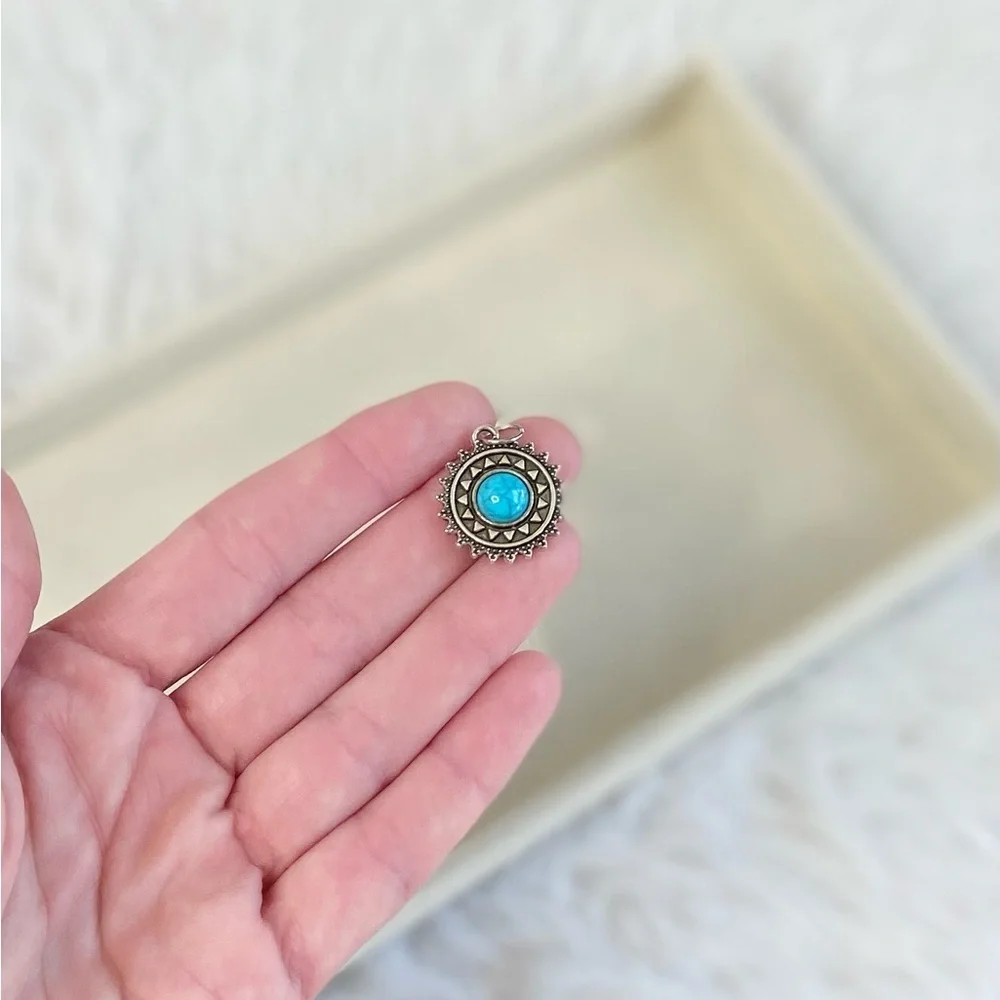 Vintage Turquoise Medallion Charm – Silver Tone Round Pendant